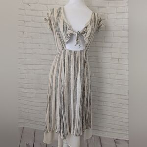 Striped Cream and Blue Tie-Front Dress